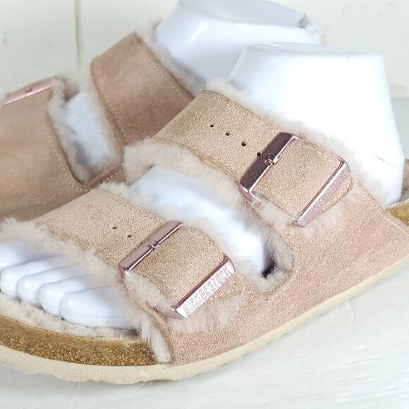 BIRKENSTOCK Women's Arizona EU38 US7 Narrow Pink Suede Shearling Slide Sandals - Picture 15 of 16